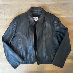 VTG 70s Sears Leather Zip Jacket Detachable Sherpa Liner Black Mens Size 48R XXL
